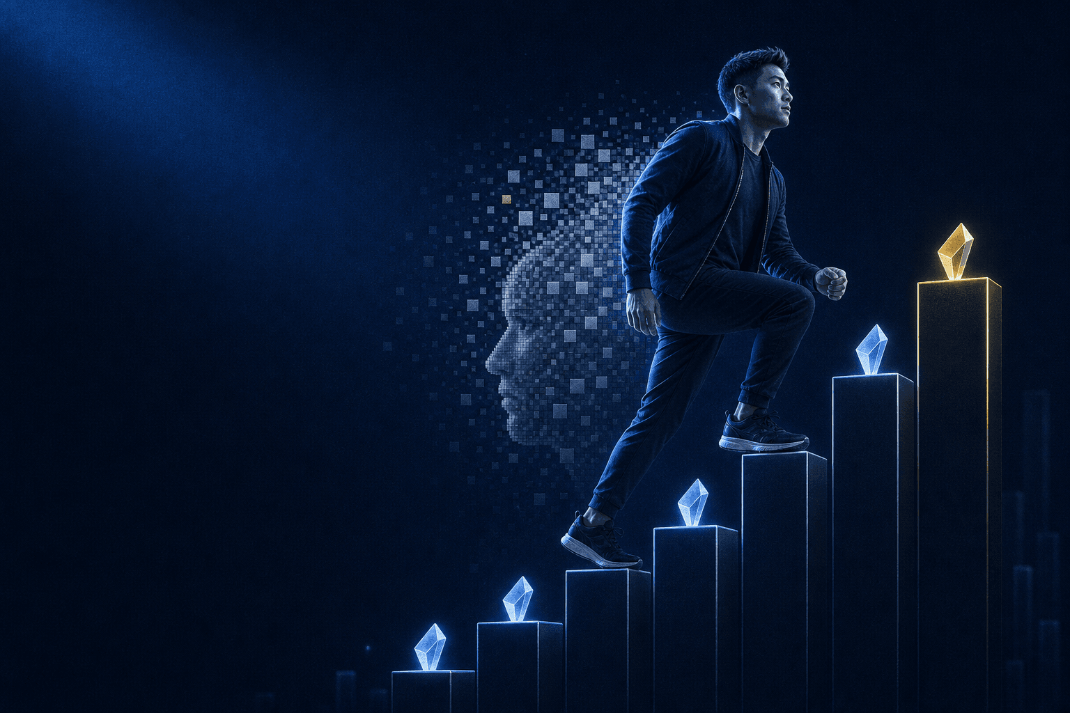 A dynamic leaderboard challenge scene where top-ranked professionals collect glowing shards as they climb above AI and peer benchmarks, sleek futuristic dashboard aesthetic