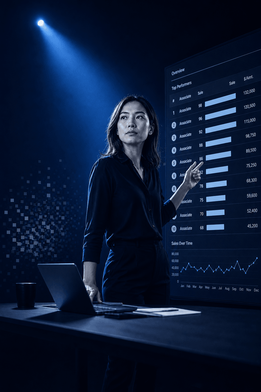 A confident professional at a desk presenting challenge results on a large screen while AI model rankings appear beside human leaderboard scores, cinematic lighting, modern office environment
