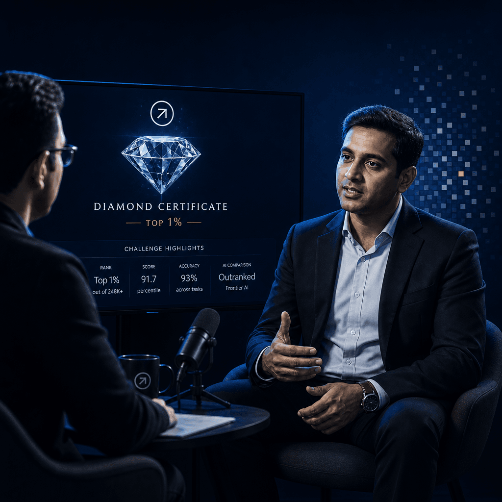 A polished studio interview setup featuring a top professional speaking with the Outrank founder while a screen behind them displays a Diamond Certificate and challenge highlights