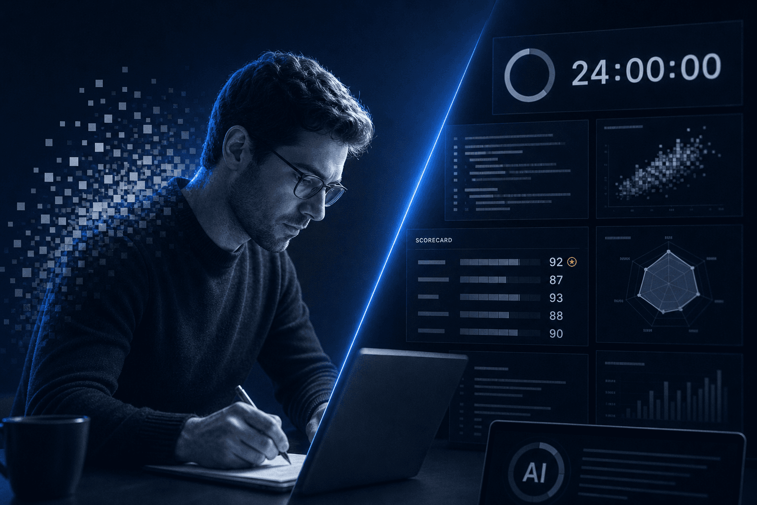 A split-screen challenge scene with one side showing a professional solving a complex task and the other showing AI outputs being evaluated, with a visible scorecard and timer counting down from 24 hours